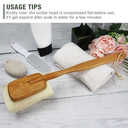 Natural Exfoliating Loofah Luffa Bath Brush on a Stick – 2 Pack Long Wooden Handle Back Scrubber for Men & Women