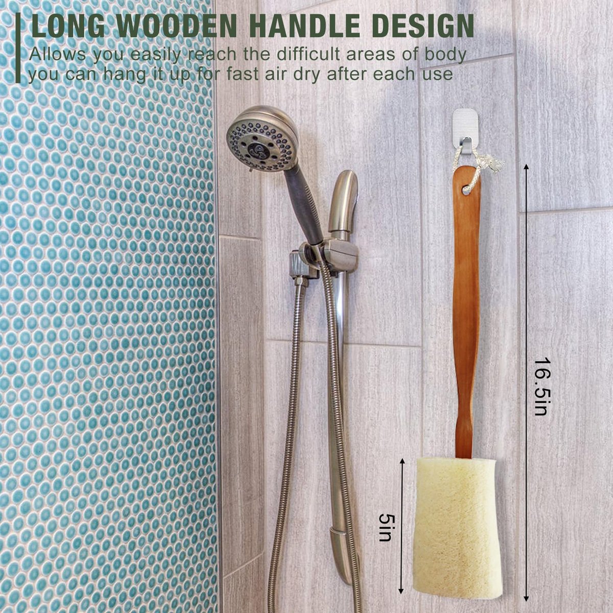 Natural Exfoliating Loofah Luffa Bath Brush on a Stick – 2 Pack Long Wooden Handle Back Scrubber for Men & Women - görsel 5