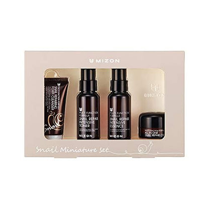 MIZON Snail Line Set – Korean Snail Skincare Essentials Mini Set with Foam Cleanser, Toner, Essence & All in One Cream for Smooth, Moisturized Skin & Fine Wrinkle Improvement