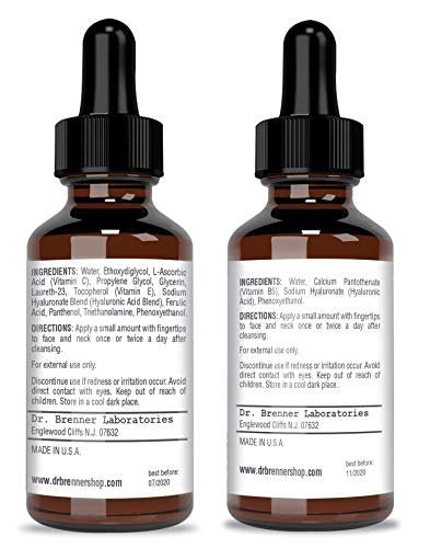 Vitamin C Serum 20% Pure L-Ascorbic Acid with Ferulic Acid, Vitamin E, HA, and Vitamin B5 for Face and Eyes - Natural Anti Aging Anti Wrinkle Serum Set of 2 by Dr. Brenner Avelisse