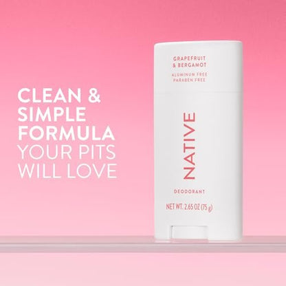 Native Deodorant - Grapefruit & Bergamot, Aluminum Free, 72 Hour Odor Control for Women and Men, 2.65 oz