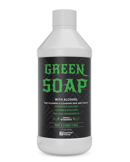 Essential Values Natural Green Soap - Gentle Tattoo Cleanser & Healing Promoter, 16 oz - USA Made