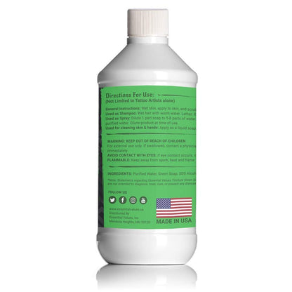 Essential Values Natural Green Soap - Gentle Tattoo Cleanser & Healing Promoter, 16 oz - USA Made