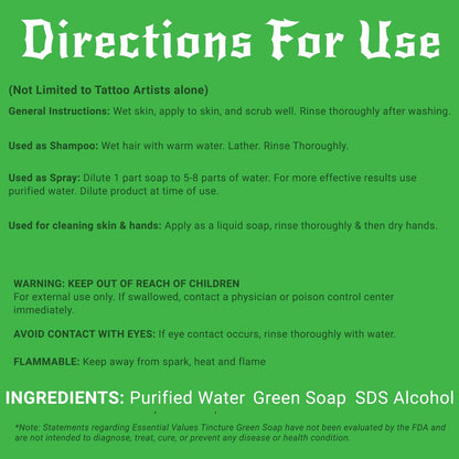 Essential Values Natural Green Soap - Gentle Tattoo Cleanser & Healing Promoter, 16 oz - USA Made