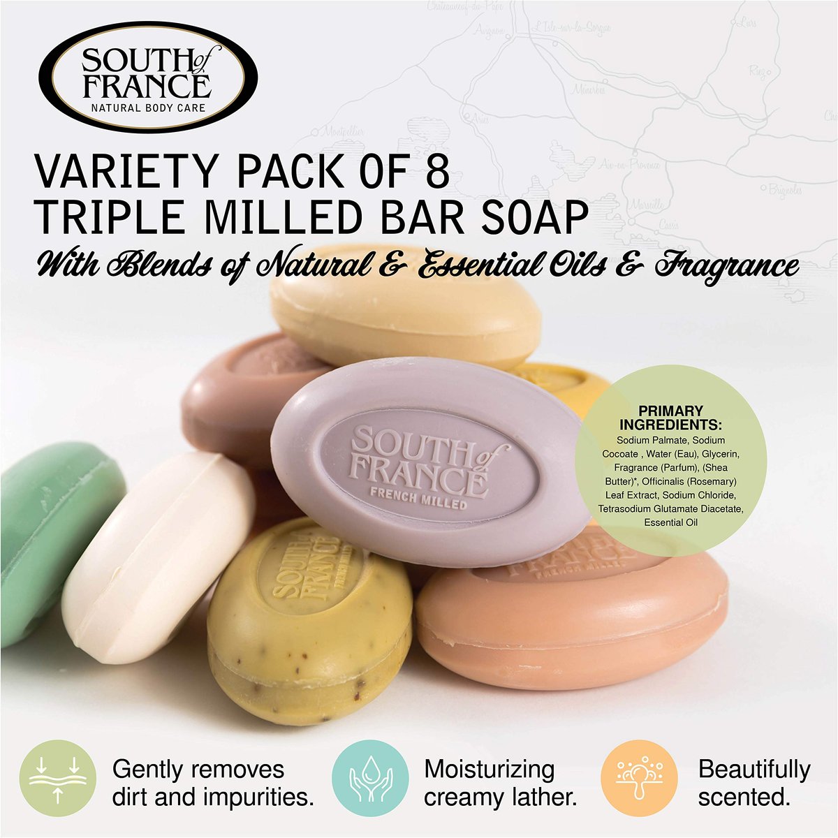 South Of France Natural Body Care Triple Milled Large 6OZ Bar Soap – Variety Pack 1 (8 Bars) Avelisse