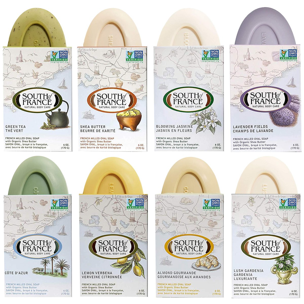 South Of France Natural Body Care Triple Milled Large 6OZ Bar Soap – Variety Pack 1 (8 Bars) Avelisse