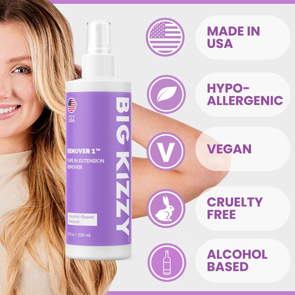 Big Kizzy Tape in Extension Remover Spray - Fastest & Easiest Tape In Remover, 8oz - Compatible with All Human Hair Extension Tape - görsel 5