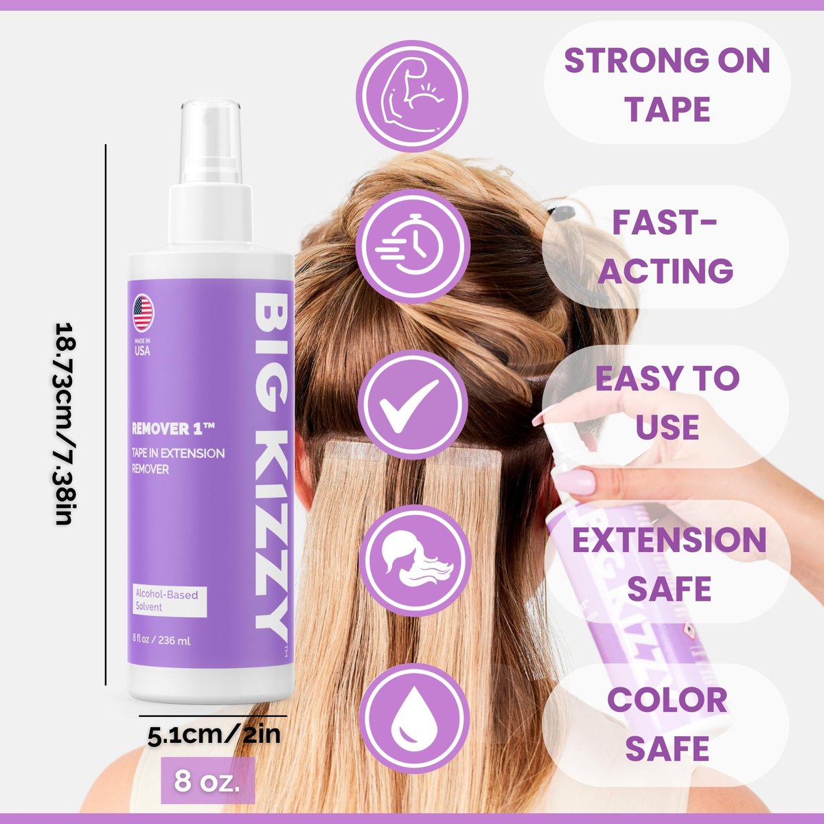 Big Kizzy Tape in Extension Remover Spray - Fastest & Easiest Tape In Remover, 8oz - Compatible with All Human Hair Extension Tape - görsel 3