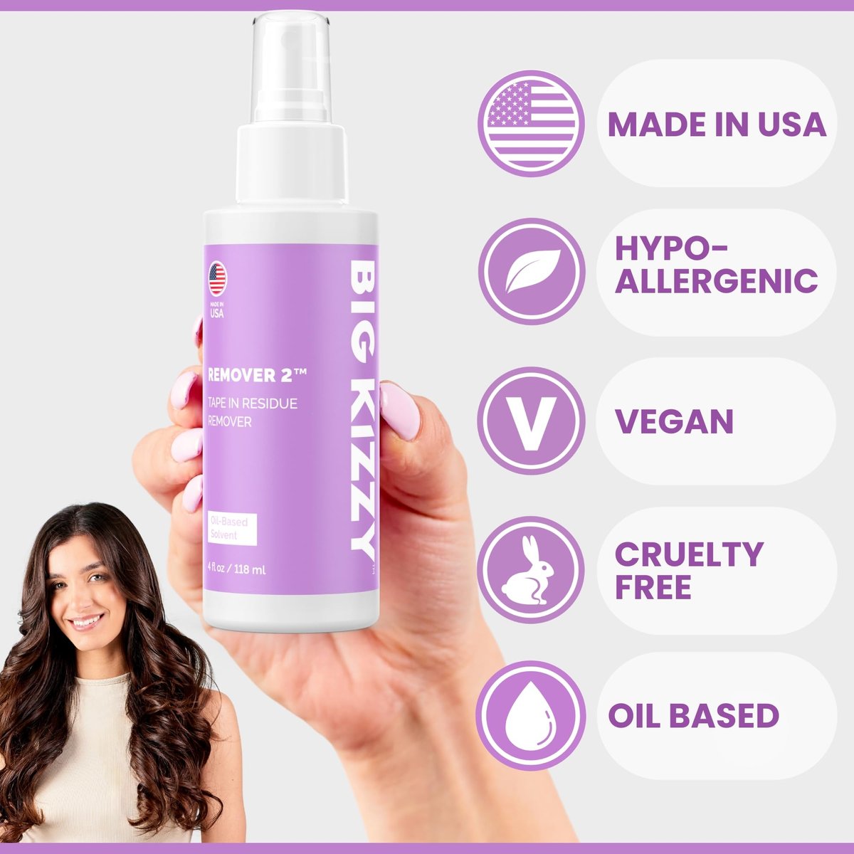 Big Kizzy Remover 2 (4 oz) - Professional Tape In Extension Remover & Adhesive Residue Remover for Hair Extensions, Wigs, and Hair Systems - Quick, Non-Damaging Avelisse