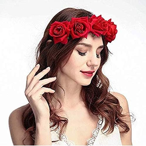 DNHCLL Red Rose Flower Crown - Elegant Artificial Rose Hair Wreath with Headband for Women and Girls - görsel 5