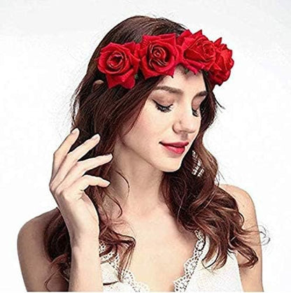 DNHCLL Red Rose Flower Crown - Elegant Artificial Rose Hair Wreath with Headband for Women and Girls