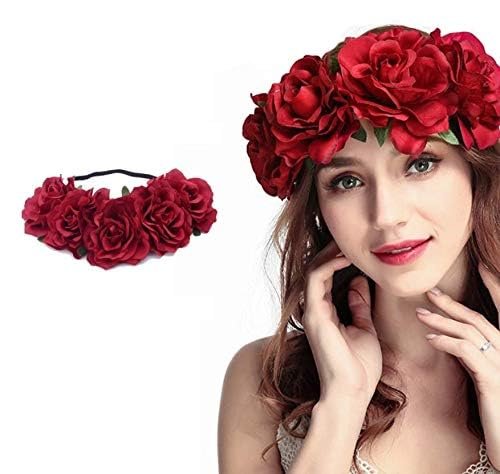 DNHCLL Red Rose Flower Crown - Elegant Artificial Rose Hair Wreath with Headband for Women and Girls - görsel 6