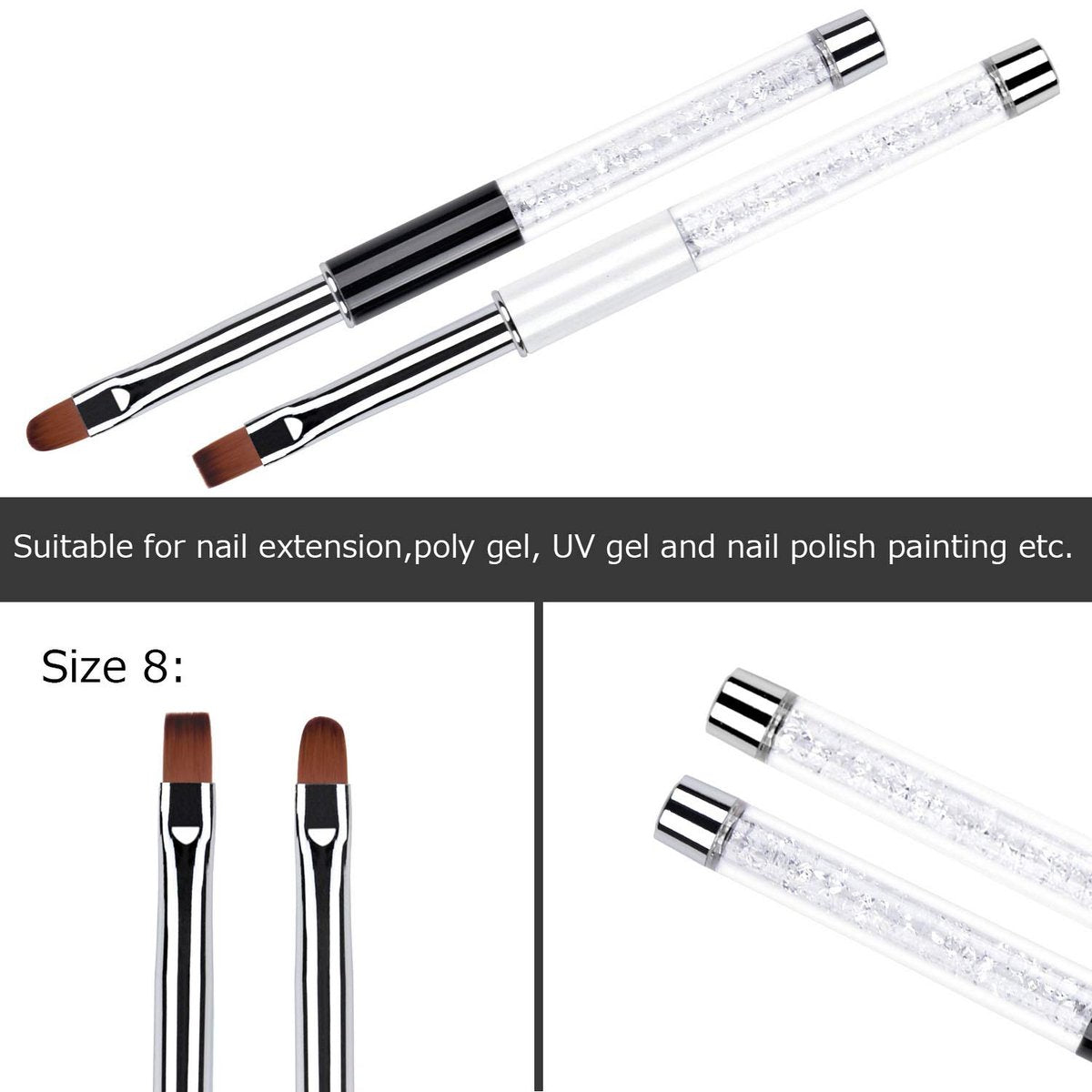 Ycyan 2-Piece Oval & Flat UV Builder Gel Nail Brush Set with Rhinestone Handle – Professional Nail Art Brushes for Polygel and Hard Gel - görsel 3