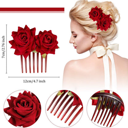 WILLBOND 4-Piece Rose Flower Hair Clip Set - Fabric Floral Brooch for Flamenco Dancers, Bridal, Wedding & Parties (Red)