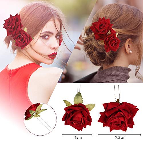 WILLBOND 4-Piece Rose Flower Hair Clip Set - Fabric Floral Brooch for Flamenco Dancers, Bridal, Wedding & Parties (Red) - görsel 8