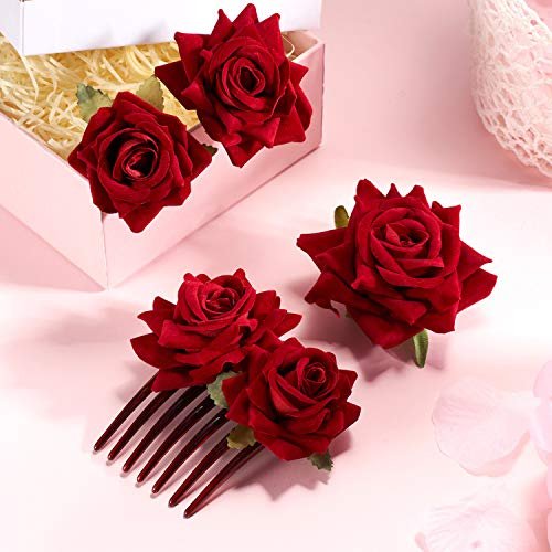 WILLBOND 4-Piece Rose Flower Hair Clip Set - Fabric Floral Brooch for Flamenco Dancers, Bridal, Wedding & Parties (Red) - görsel 14
