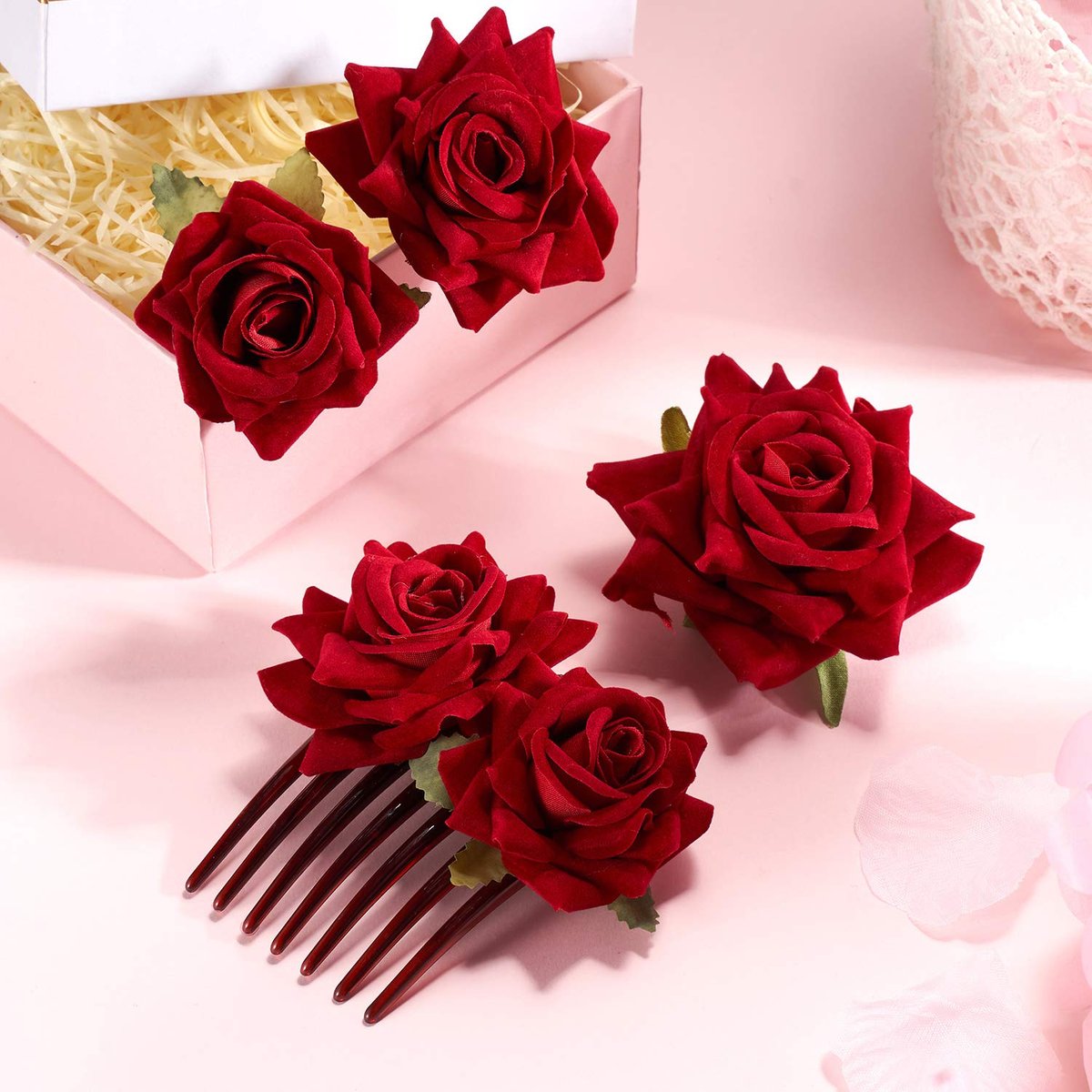 WILLBOND 4-Piece Rose Flower Hair Clip Set - Fabric Floral Brooch for Flamenco Dancers, Bridal, Wedding & Parties (Red) - görsel 13