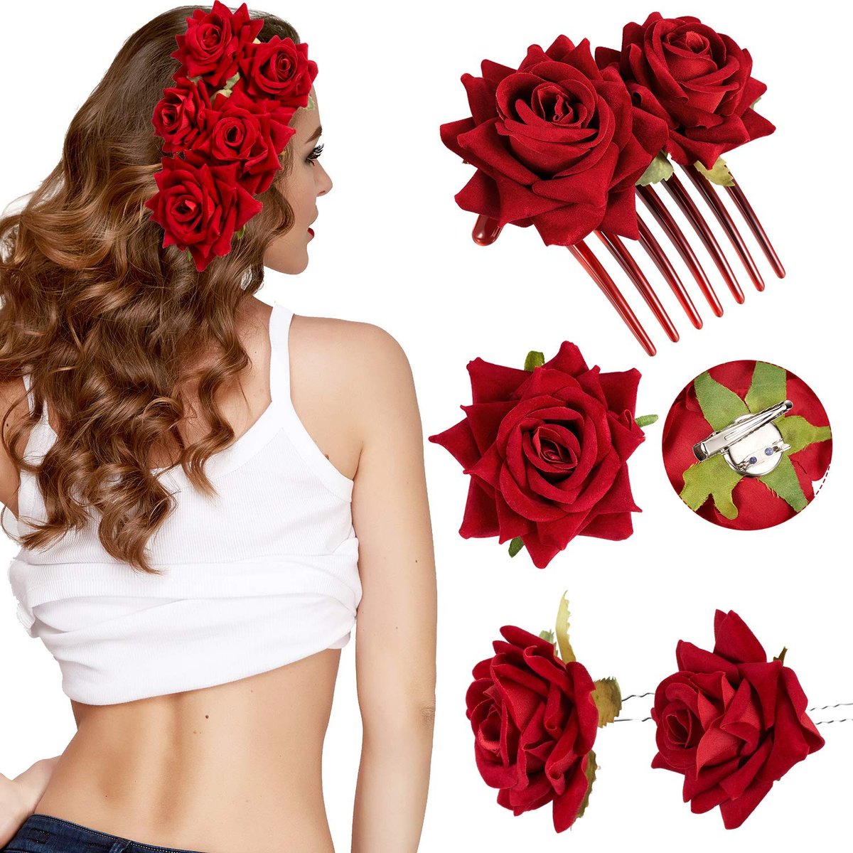 WILLBOND 4-Piece Rose Flower Hair Clip Set - Fabric Floral Brooch for Flamenco Dancers, Bridal, Wedding & Parties (Red) - görsel 1