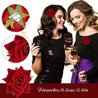 WILLBOND 4-Piece Rose Flower Hair Clip Set - Fabric Floral Brooch for Flamenco Dancers, Bridal, Wedding & Parties (Red)