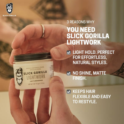 Slick Gorilla Lightwork Matte Hair Clay for Men - 2.5 oz - Matte Finish, Flexible Hold, Lightweight Styling Clay - Water-Based, Natural Texture, Non-Greasy Grooming Clay for Everyday Use