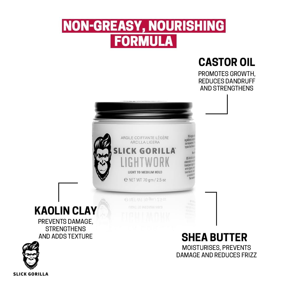 Slick Gorilla Lightwork Matte Hair Clay for Men - 2.5 oz - Matte Finish, Flexible Hold, Lightweight Styling Clay - Water-Based, Natural Texture, Non-Greasy Grooming Clay for Everyday Use - görsel 14