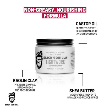 Slick Gorilla Lightwork Matte Hair Clay for Men - 2.5 oz - Matte Finish, Flexible Hold, Lightweight Styling Clay - Water-Based, Natural Texture, Non-Greasy Grooming Clay for Everyday Use