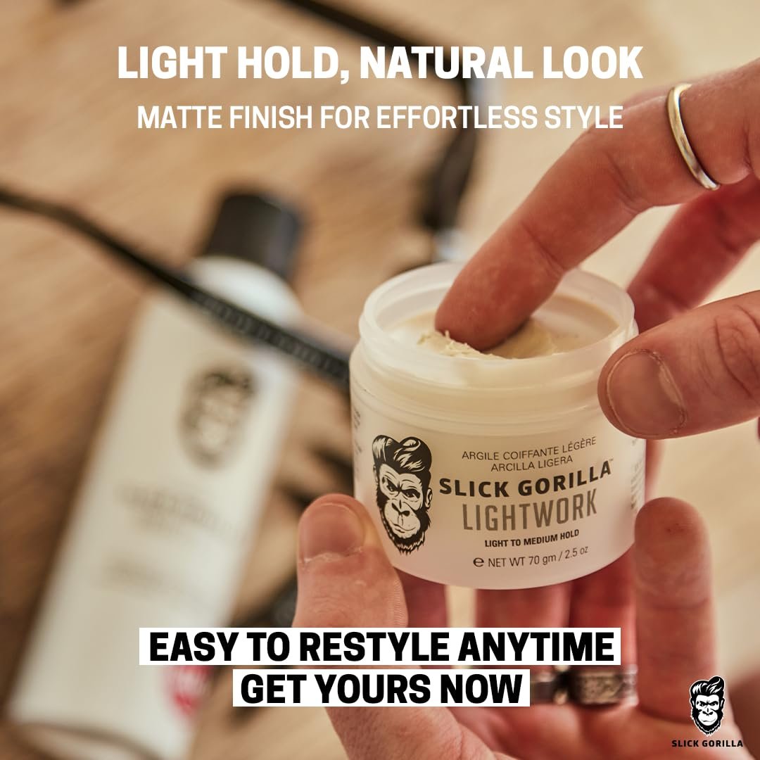 Slick Gorilla Lightwork Matte Hair Clay for Men - 2.5 oz - Matte Finish, Flexible Hold, Lightweight Styling Clay - Water-Based, Natural Texture, Non-Greasy Grooming Clay for Everyday Use - görsel 10