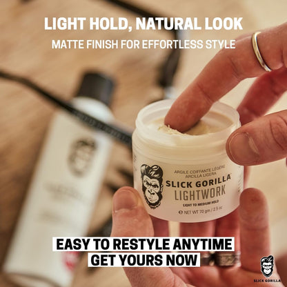 Slick Gorilla Lightwork Matte Hair Clay for Men - 2.5 oz - Matte Finish, Flexible Hold, Lightweight Styling Clay - Water-Based, Natural Texture, Non-Greasy Grooming Clay for Everyday Use