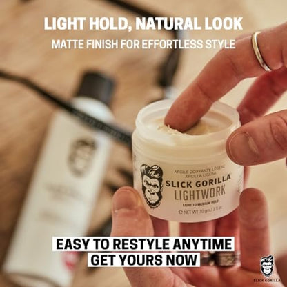 Slick Gorilla Lightwork Matte Hair Clay for Men - 2.5 oz - Matte Finish, Flexible Hold, Lightweight Styling Clay - Water-Based, Natural Texture, Non-Greasy Grooming Clay for Everyday Use