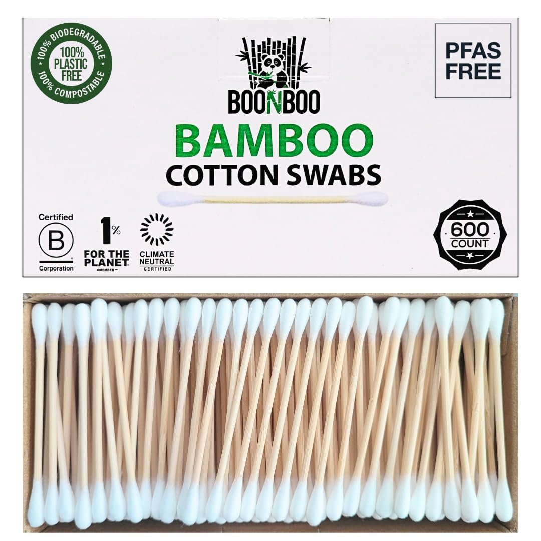 BOONBOO Organic Bamboo Cotton Swabs, PFAS-Free, 600 Count - Eco-Friendly & Hypoallergenic - görsel 1