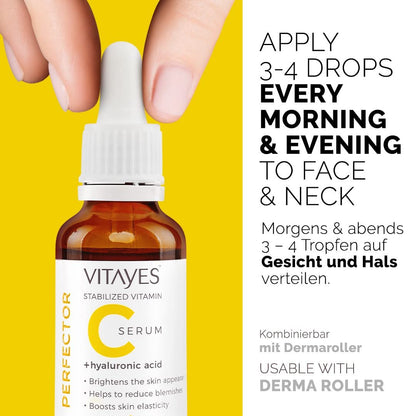 VITAYES Vitamin C Face Serum with Hyaluronic Acid – Anti-Aging, Brightening & Hydrating Serum for Dark Spots, Fine Lines & Wrinkles – 1 Oz
