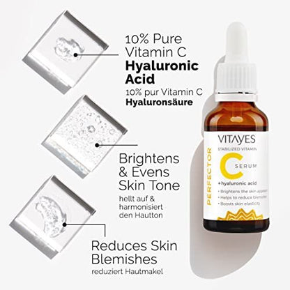 VITAYES Vitamin C Face Serum with Hyaluronic Acid – Anti-Aging, Brightening & Hydrating Serum for Dark Spots, Fine Lines & Wrinkles – 1 Oz