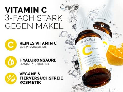VITAYES Vitamin C Face Serum with Hyaluronic Acid – Anti-Aging, Brightening & Hydrating Serum for Dark Spots, Fine Lines & Wrinkles – 1 Oz
