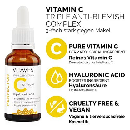VITAYES Vitamin C Face Serum with Hyaluronic Acid – Anti-Aging, Brightening & Hydrating Serum for Dark Spots, Fine Lines & Wrinkles – 1 Oz