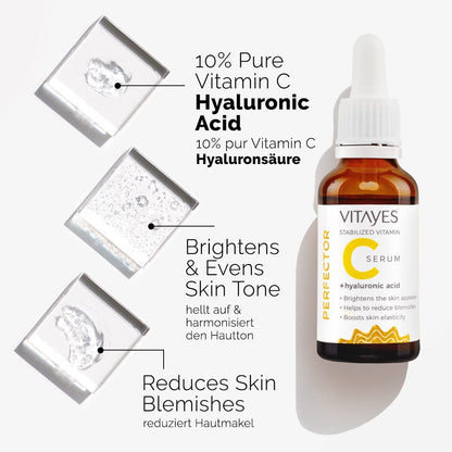 VITAYES Vitamin C Face Serum with Hyaluronic Acid – Anti-Aging, Brightening & Hydrating Serum for Dark Spots, Fine Lines & Wrinkles – 1 Oz