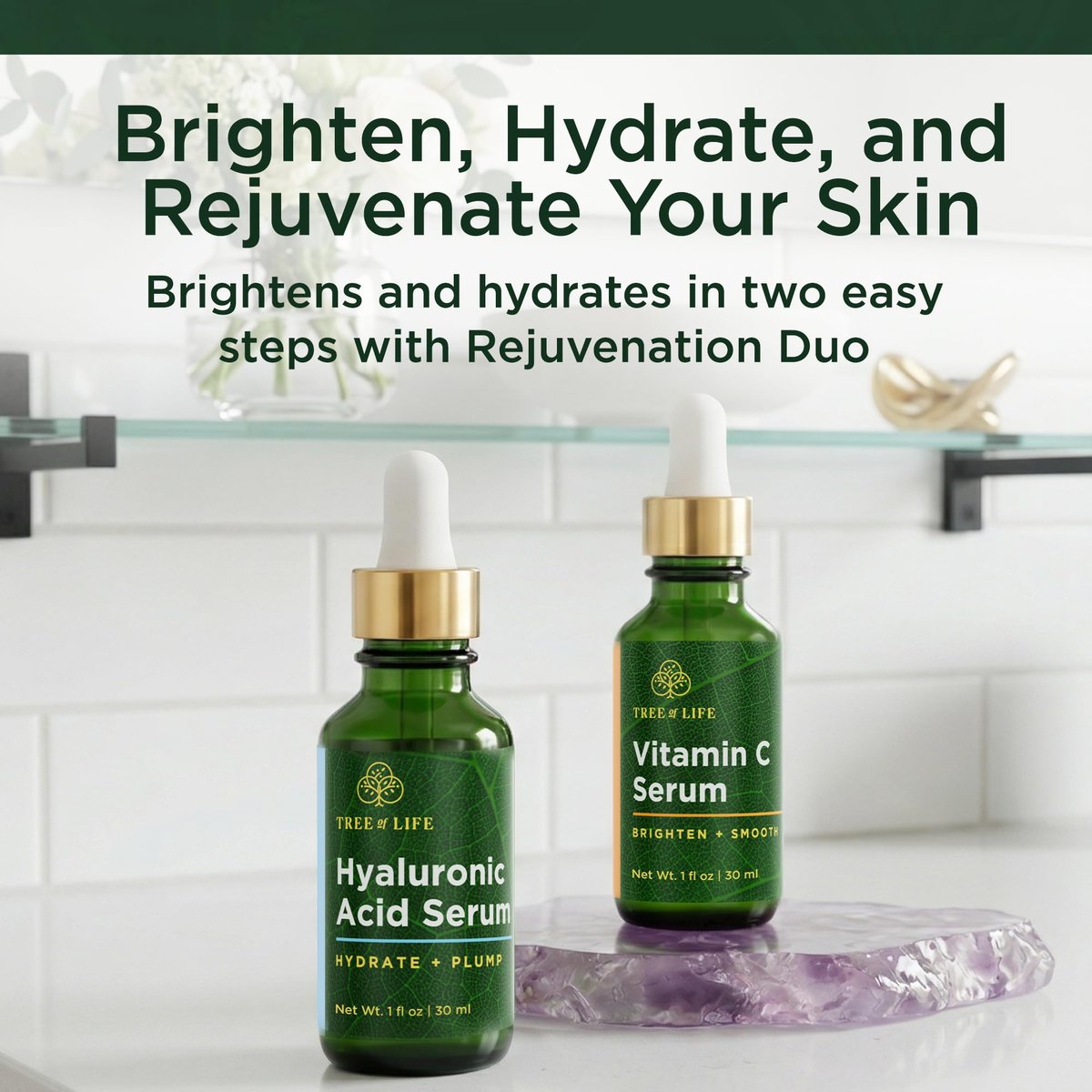 Tree of Life Beauty Facial Skin Care Set - Vitamin C & Hyaluronic Acid Serums for Brightening, Firming & Hydrating | 2-Pack, 1 Fl Oz Each Avelisse