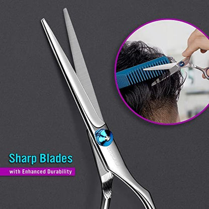 COOLALA Stainless Steel Hair Cutting Scissors 6.5 Inch - Professional Salon Barber Haircut Shears for Home Use, Includes Comb