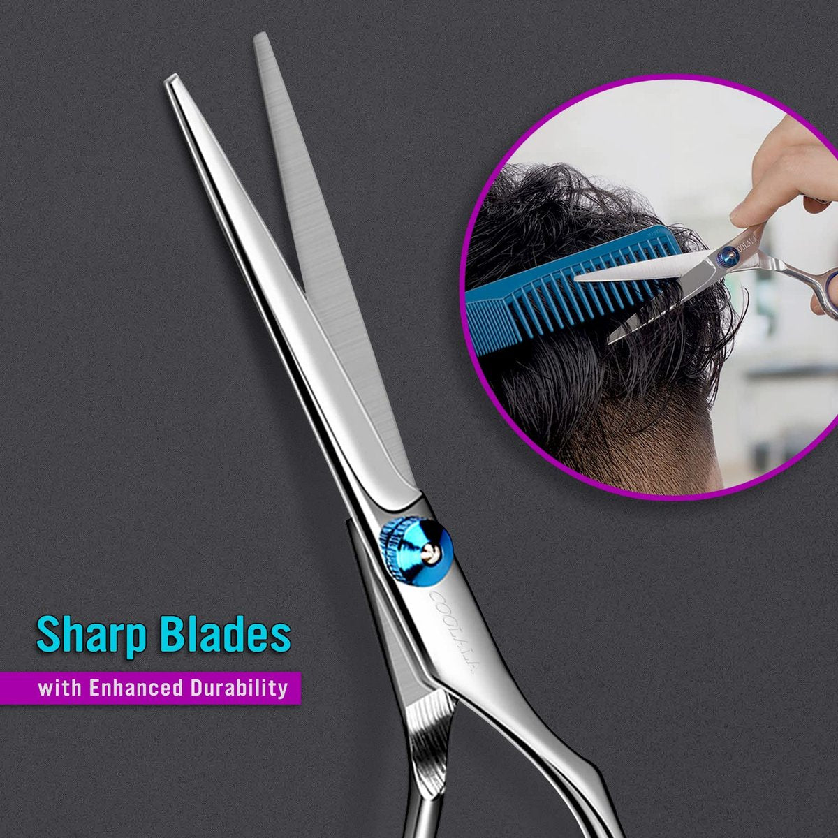 COOLALA Stainless Steel Hair Cutting Scissors 6.5 Inch - Professional Salon Barber Haircut Shears for Home Use, Includes Comb - görsel 7
