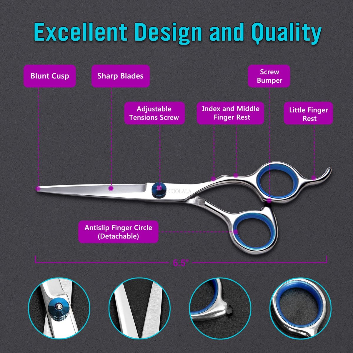 COOLALA Stainless Steel Hair Cutting Scissors 6.5 Inch - Professional Salon Barber Haircut Shears for Home Use, Includes Comb - görsel 5