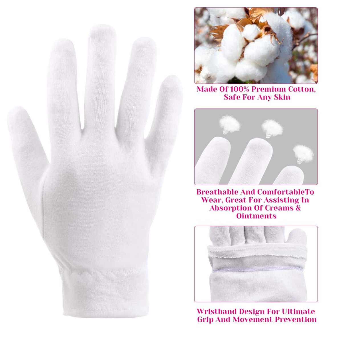 100% Cotton Gloves for Dry Hands & Eczema - Selizo 10 Pairs White Moisturizing Gloves for Dry Skin, Sensitive, Irritated Skin, Spa Treatment - görsel 5