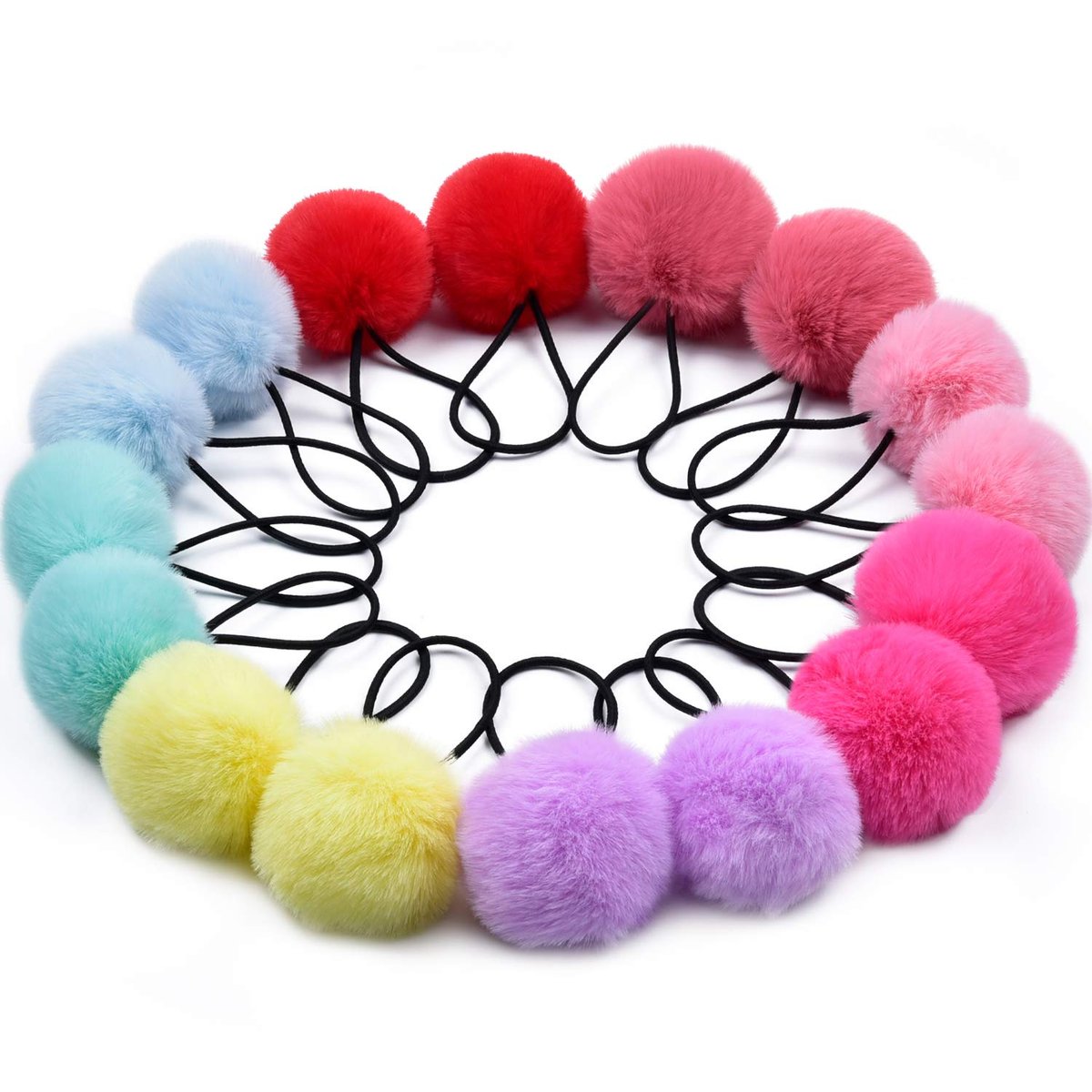 MORGLES 16-Pack Fluffy Pom Pom Hair Ties – Soft Ponytail Holders for Girls & Toddlers, 2-Inch, Multi-Color - görsel 1