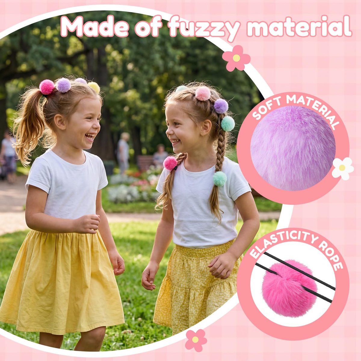 MORGLES 16-Pack Fluffy Pom Pom Hair Ties – Soft Ponytail Holders for Girls & Toddlers, 2-Inch, Multi-Color - görsel 7