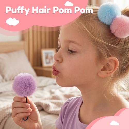 MORGLES 16-Pack Fluffy Pom Pom Hair Ties – Soft Ponytail Holders for Girls & Toddlers, 2-Inch, Multi-Color - görsel 6