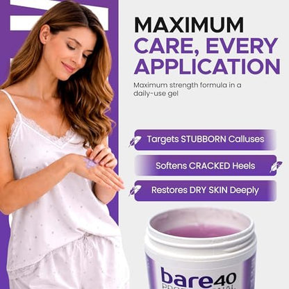 BARE 40 PRO 40% Urea Gel with 2% Salicylic Acid, Hyaluronic Acid, Tea Tree Oil & Aloe Vera – Exfoliating & Hydrating Foot and Body Gel for Dry, Rough Skin, 4oz Jar, Made in USA Avelisse