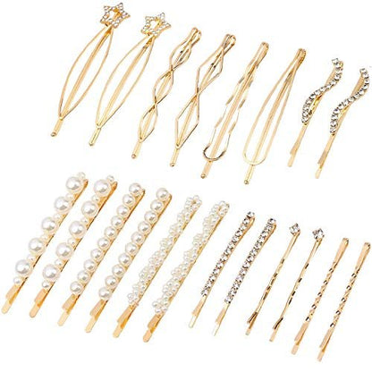 Folansy 20-Piece Elegant Hair Barrettes - Gold Metal Hair Clips with Pearls & Rhinestones for Weddings and Special Occasions