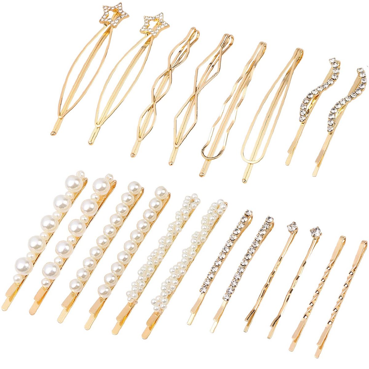 Folansy 20-Piece Elegant Hair Barrettes - Gold Metal Hair Clips with Pearls & Rhinestones for Weddings and Special Occasions - görsel 1
