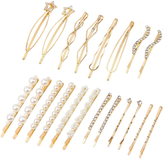 Folansy 20-Piece Elegant Hair Barrettes - Gold Metal Hair Clips with Pearls & Rhinestones for Weddings and Special Occasions