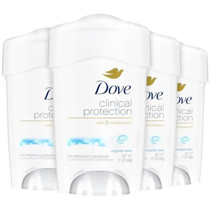 Dove Clinical Protection Antiperspirant Deodorant for Women, Original Clean, 1.7 oz (Pack of 4) - Prescription Strength Wetness Defense with ¼ Moisturizers Avelisse