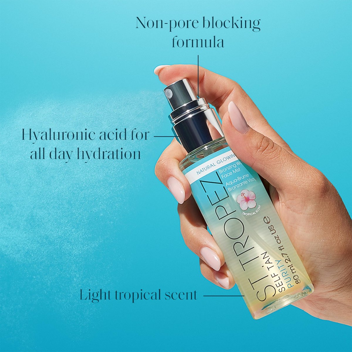 St.Tropez Self Tan Purity Bronzing Water Face Mist - Natural Sunkissed Glow with Hyaluronic Acid & Antioxidants, Vegan & Cruelty-Free, 2.7 Fl Oz - görsel 7