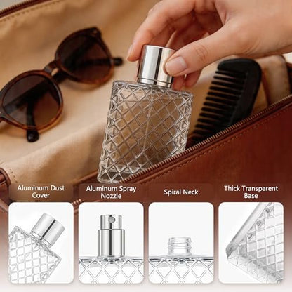 JJKMALL 100ml 3.4oz Glass Spray Bottles for Essential Oils, Perfumes - Empty Clear Mist Spray Bottle with Silver Aluminum Sprayer (1 Pack) + Funnel, Dropper & Gift Bag